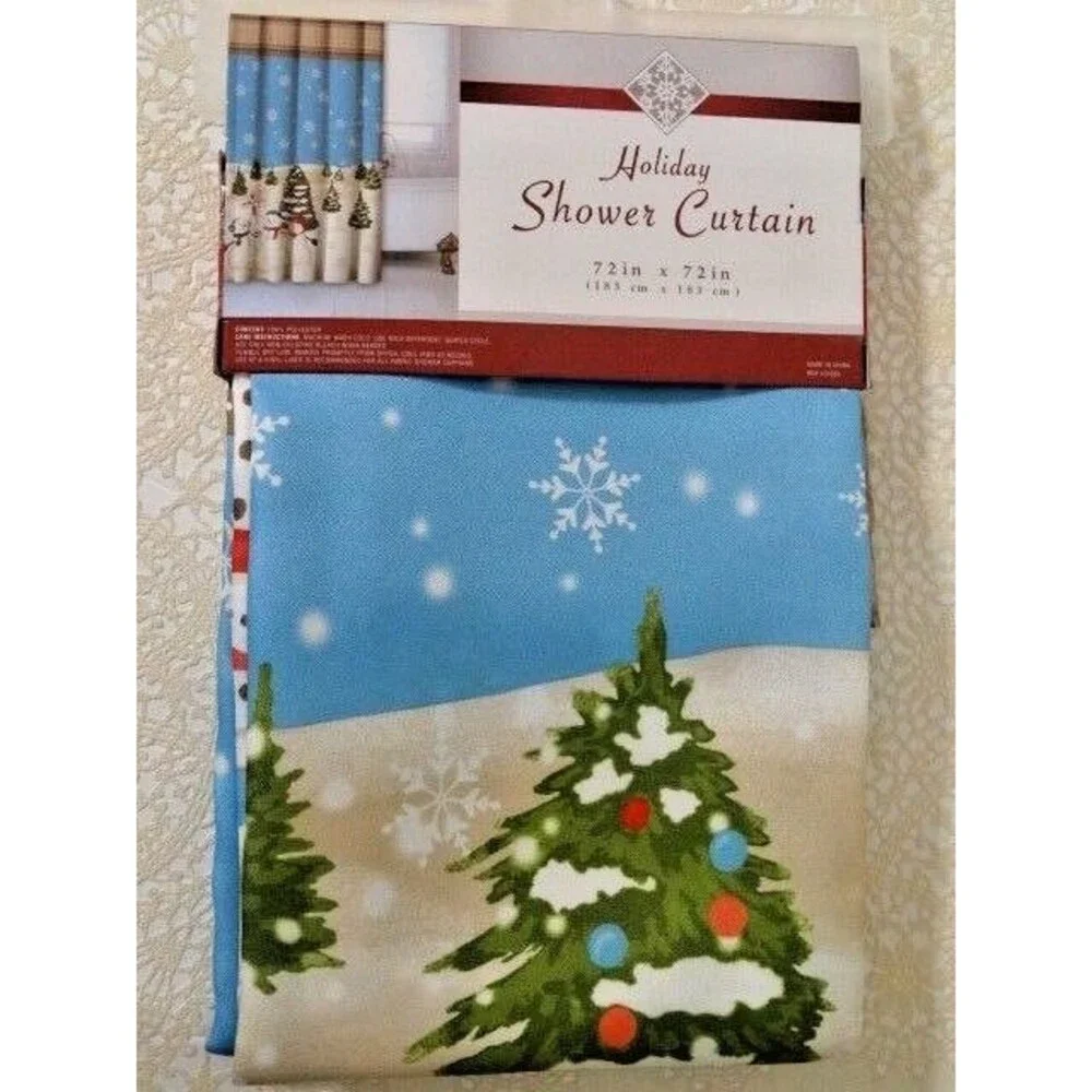 Holiday Snowman Fabric Shower Curtain Christmas Tree Snowflakes 72
